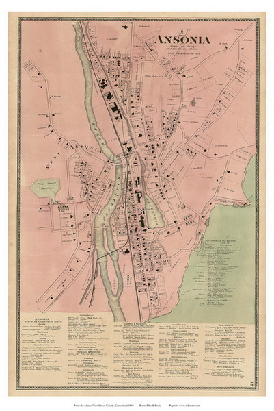 Ansonia Village, Connecticut 1868 Old Town Map Reprint - New Haven Co.