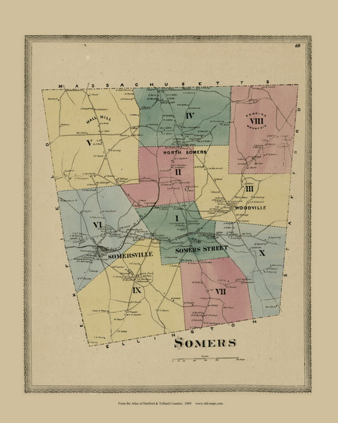 Somers, Connecticut 1869 Tolland Co. - Old Map Reprint