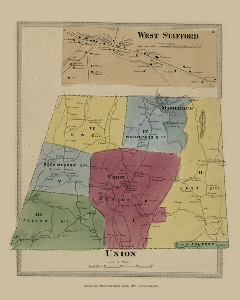 Union, Connecticut 1869 Tolland Co. - Old Map Reprint
