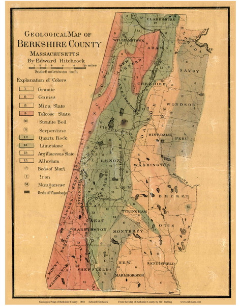 Berkshire Geology Map, Massachusetts 1858 Old Town Map Custom Print - Berkshire Co.