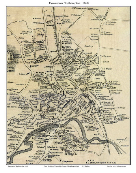 Northampton Downtown (Custom), Massachusetts 1860 Old Town Map Custom Print - Hampshire Co.