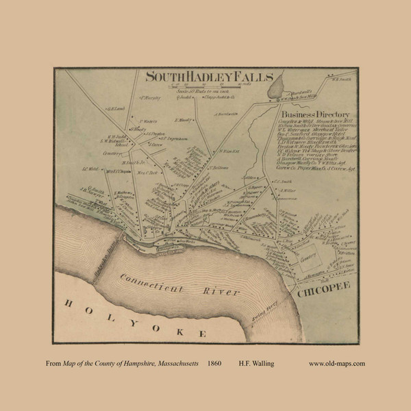 South Hadley Falls Village, South Hadley, Massachusetts 1860 Old Town Map Custom Print - Hampshire Co. South Hadley Falls Village, South Hadley, Massachusetts 1860 Old Town Map Custom Print - Hampshire Co.