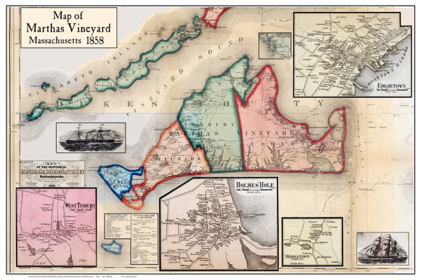 Matha's Vineyard Poster Map, 1858 Barnstable Co. MA