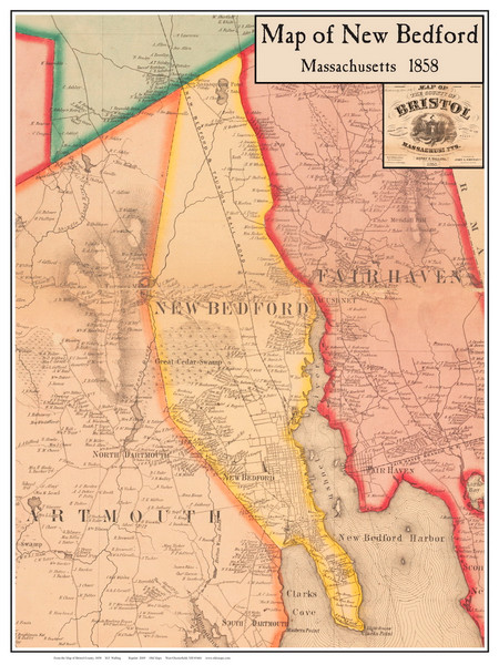 New Bedford Poster Map, 1858 Bristol Co. MA