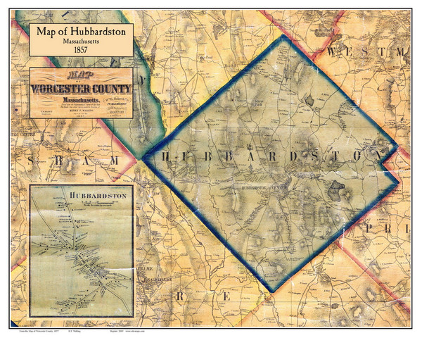 Hubbardston Poster Map, 1857 Worcester Co. MA