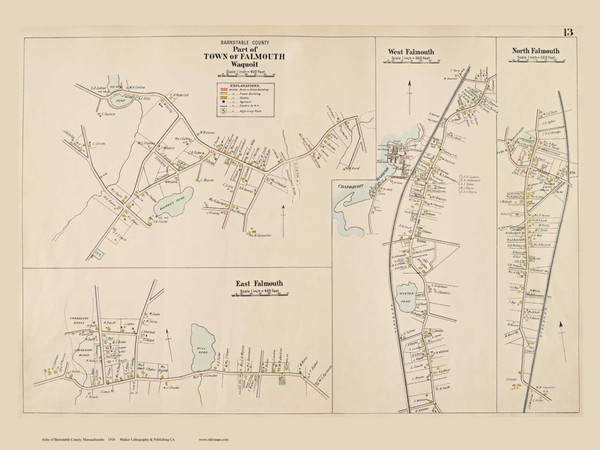 Waquoit, East Falmouth, West Falmouth & Noth Falmouth, Massachusetts 1910 Old Town Map Reprint - Barnstable Co.