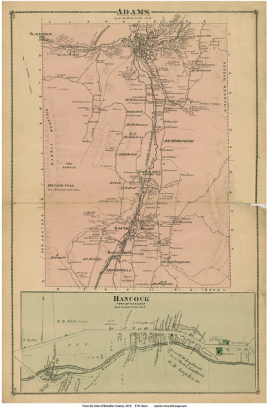 Adams & Hancock Village, Massachusetts 1876 Old Town Map Reprint - Berkshire Co.