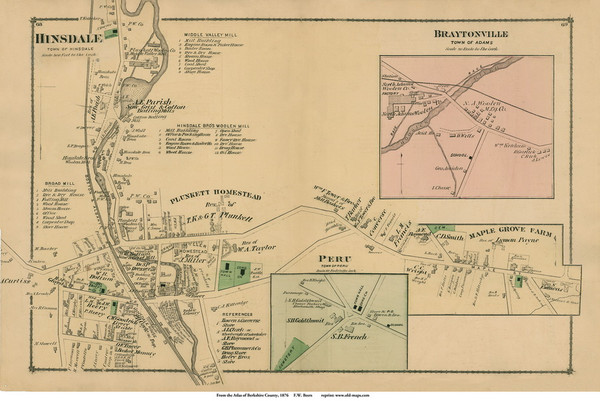 Hinsdale Village, Braytonville & Peru Village, Massachusetts 1876 Old Town Map Reprint - Berkshire Co. Hinsdale Village, Braytonville & Peru Village, Massachusetts 1876 Old Town Map Reprint - Berkshire Co.