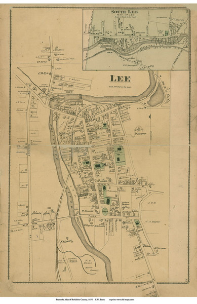Lee Village & South Lee, Massachusetts 1876 Old Town Map Reprint - Berkshire Co.