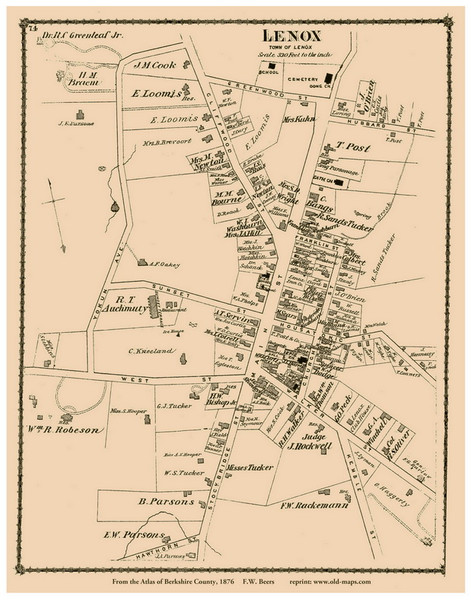 Lenox Village, Massachusetts 1876 Old Town Map Reprint - Berkshire Co.