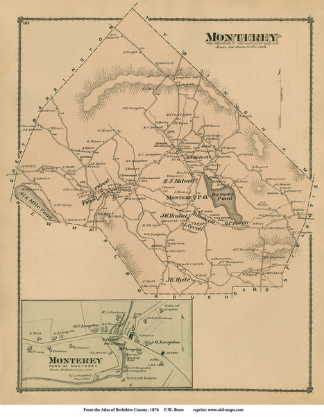 Monterey & Monterey Village, Massachusetts 1876 Old Town Map Reprint - Berkshire Co.