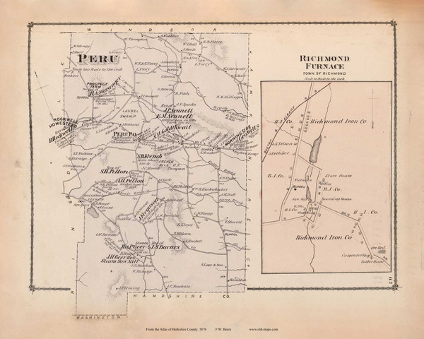 Peru & Richmond Furnace, Massachusetts 1876 Old Town Map Reprint - Berkshire Co. 62
