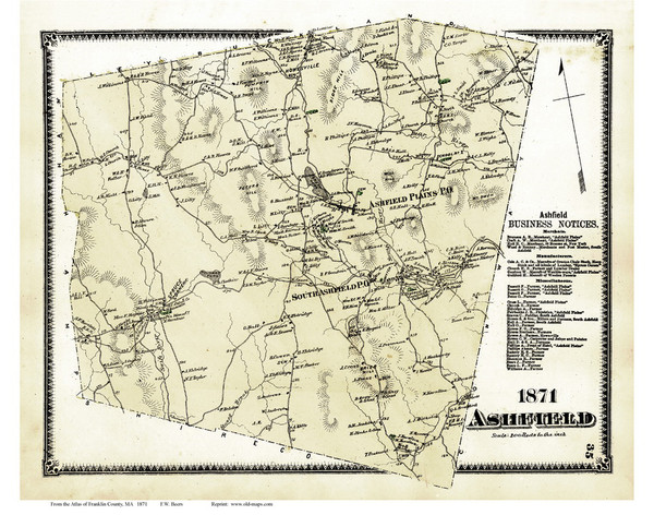 Ashfield, Massachusetts 1871 Old Town Map Reprint - Franklin Co.