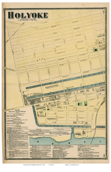Holyoke Downtown - Western Part, Massachusetts 1870 Old Town Map Reprint - Hampden Co.