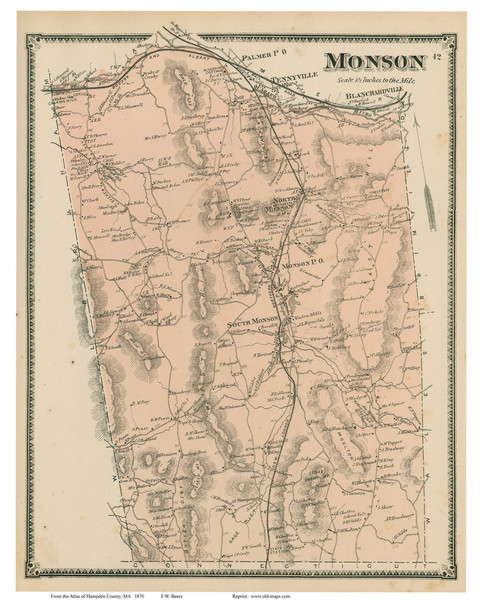 Monson, Massachusetts 1870 Old Town Map Reprint - Hampden Co.