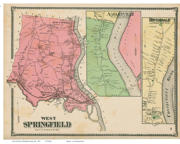 West Springfield, Ashleyville & Riverdale, Massachusetts 1870 Old Town Map Reprint - Hampden Co.