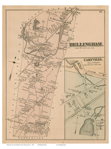 Bellingham and Caryville Village, Massachusetts 1876 Old Town Map Reprint - Norfolk Co.