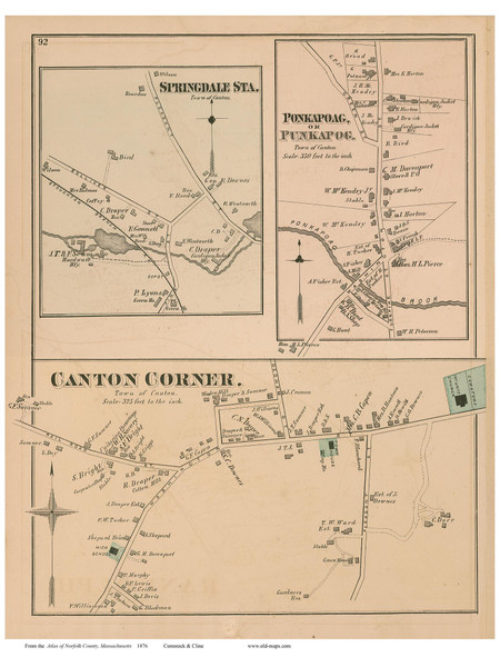 Canton Corner, Springdale Station and Ponkapoag Villages, Massachusetts 1876 Old Town Map Reprint - Norfolk Co.