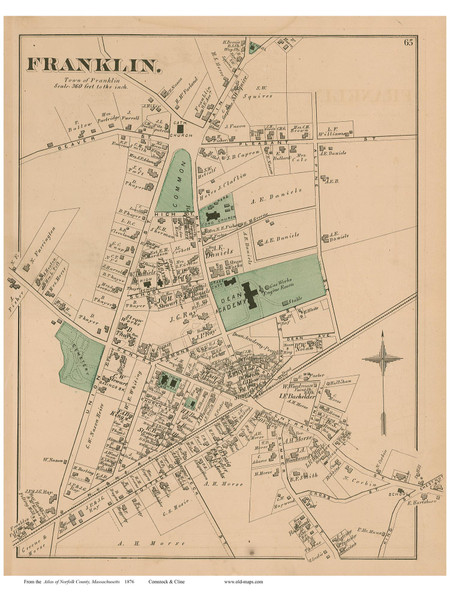 Franklin Village, Massachusetts 1876 Old Town Map Reprint - Norfolk Co.