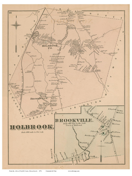 Holbrook and Brookville Village, Massachusetts 1876 Old Town Map Reprint - Norfolk Co.