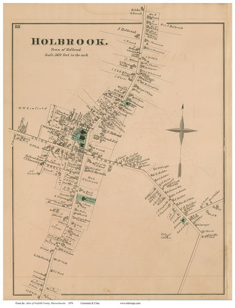 Holbrook Village, Massachusetts 1876 Old Town Map Reprint - Norfolk Co.