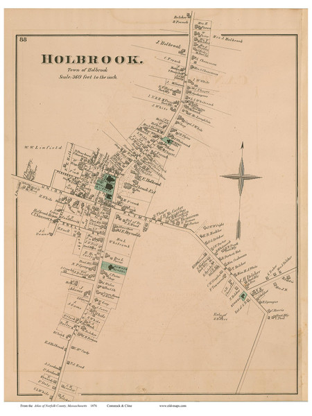 Holbrook Village, Massachusetts 1876 Old Town Map Reprint - Norfolk Co.