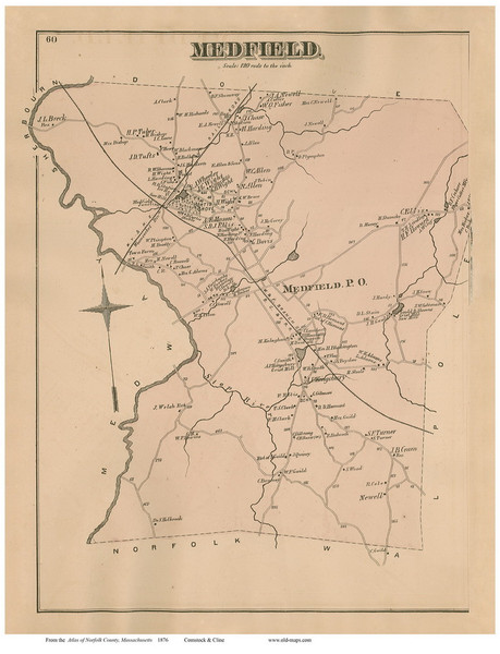 Medfield, Massachusetts 1876 Old Town Map Reprint - Norfolk Co. Medfield, Massachusetts 1876 Old Town Map Reprint - Norfolk Co.