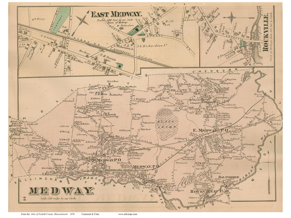 Medway Town, East Medway and Rockville Villages, Massachusetts 1876 Old Town Map Reprint - Norfolk Co.
