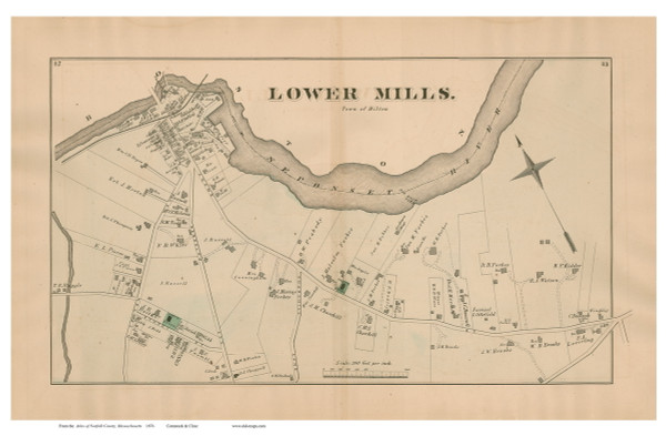 Lower Mills - Milton, Massachusetts 1876 Old Town Map Reprint - Norfolk Co.