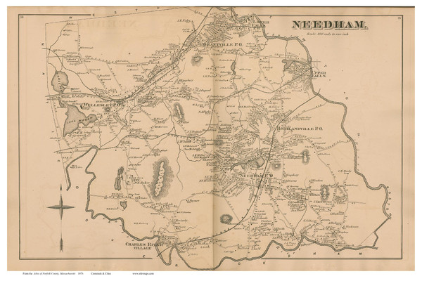 Needham, Massachusetts 1876 Old Town Map Reprint - Norfolk Co.