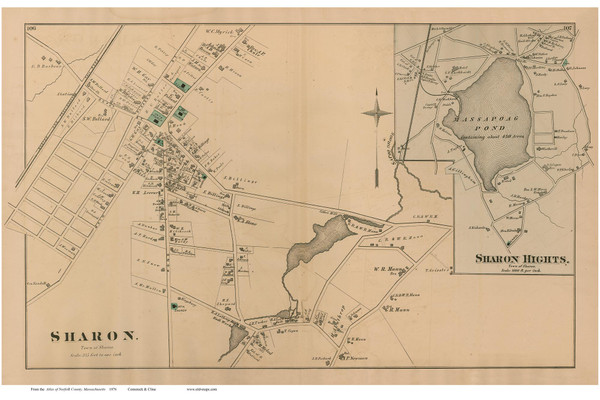 Sharon and Sharon Heights Villages, Massachusetts 1876 Old Town Map Reprint - Norfolk Co.