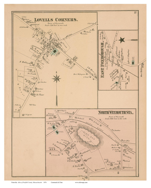 Lovells Corners, North Weymouth Station and East Foxborough Villages, Massachusetts 1876 Old Town Map Reprint - Norfolk Co.