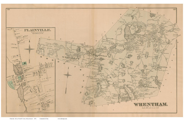 Wrentham and Plainville Village, Massachusetts 1876 Old Town Map Reprint - Norfolk Co.