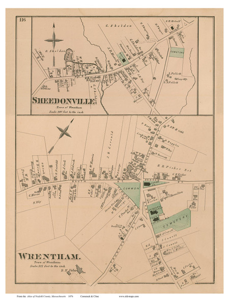 Wrentham and Sheedonville Villages, Massachusetts 1876 Old Town Map Reprint - Norfolk Co.