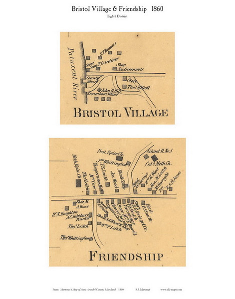Bristol Village and Friendship Village - 8th District, Bristol, Maryland 1860 Old Town Map Custom Print - Anne Arundel Co.