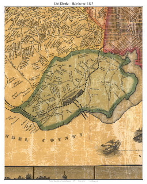 13th District - Halethorpe, Maryland 1857 Taylor - Old Town Map Custom Print - Baltimore Co.