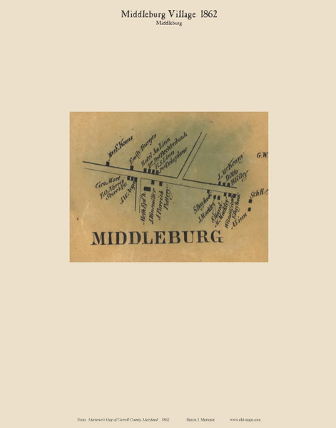 Middleburg Village - Middleburg, Maryland 1862 Old Town Map Custom Print - Carroll Co.