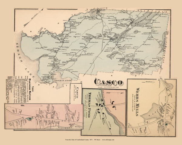 Casco Town, Casco, Webbs Mills, and Thomas Pond Villages, Maine 1871 Old Town Map Reprint Cumberland Co. Casco Town, Casco, Webbs Mills, and Thomas Pond Villages, Maine 1871 Old Town Map Reprint Cumberland Co.