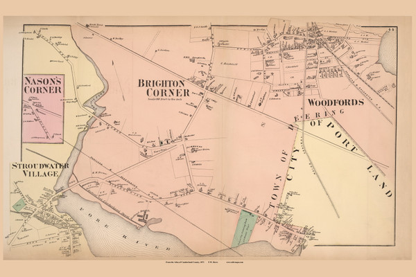 Brighton Corner, Woodford's Corner, Nason's Corner, and Stroudwater Villages - Deering, Maine 1871 Old Town Map Reprint Cumberland Co.