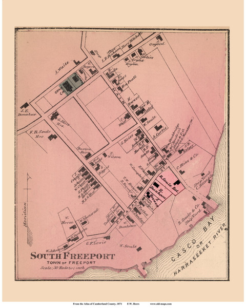 South Freeport Village - Freeport, Maine 1871 Old Town Map Reprint Cumberland Co.