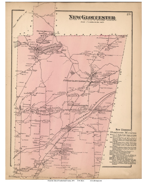 New Gloucester, Maine 1871 Old Town Map Reprint Cumberland Co.