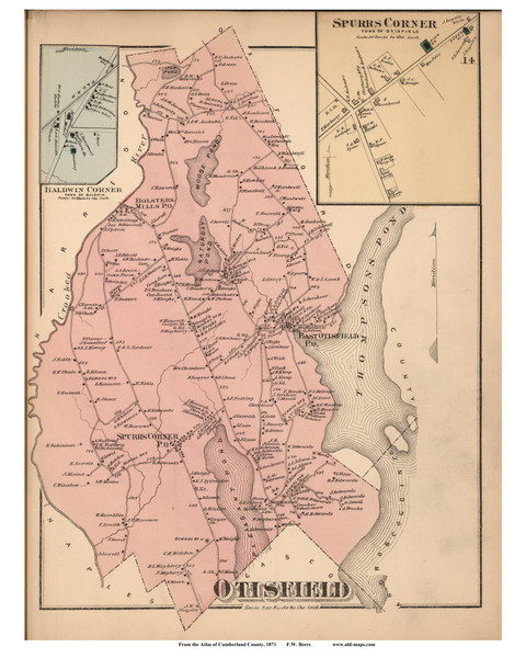 Otisfield Town, Spurs Corner and Baldwin Corner Villages, Maine 1871 Old Town Map Reprint Cumberland Co.