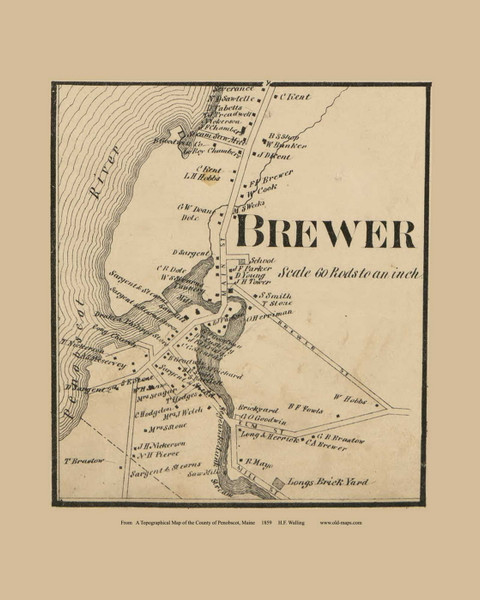 Brewer Village - Brewer Maine 1859 - Old Town Map Custom Print - Penobscot Co.