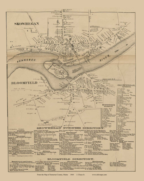 Skowhegan Village & Bloomfield Village, Maine 1860 Old Town Map Custom Print - Somerset Co.