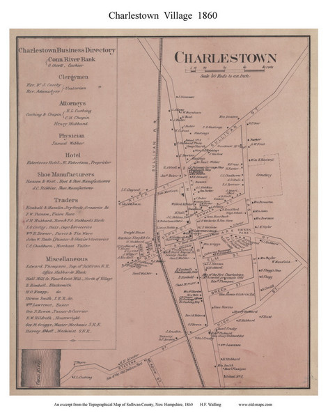 Charlestown Village, New Hampshire 1860 Old Town Map Custom Print - Sullivan Co.