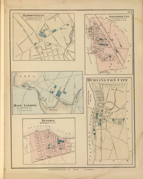 Haddonfield, Gloucester City, Mays Landing, Beverly, and Burlington City, New Jersey 1872 Old Town Map Reprint - State Atlas