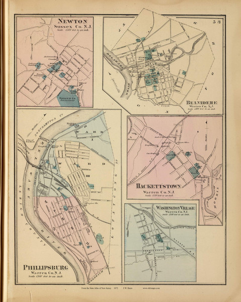 Newton, Belvidere, Phillipsburg, Washington Village, and Hackettstown, New Jersey 1872 Old Town Map Reprint - State Atlas