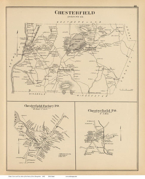 Chesterfield Town, Chesterfield P.O., Chesterfield Factory P.O., New Hampshire 1892 Old Town Map Reprint - Hurd State Atlas Cheshire