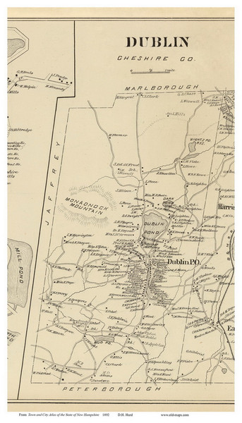 Dublin Town, New Hampshire 1892 Old Town Map Reprint - Hurd State Atlas Cheshire