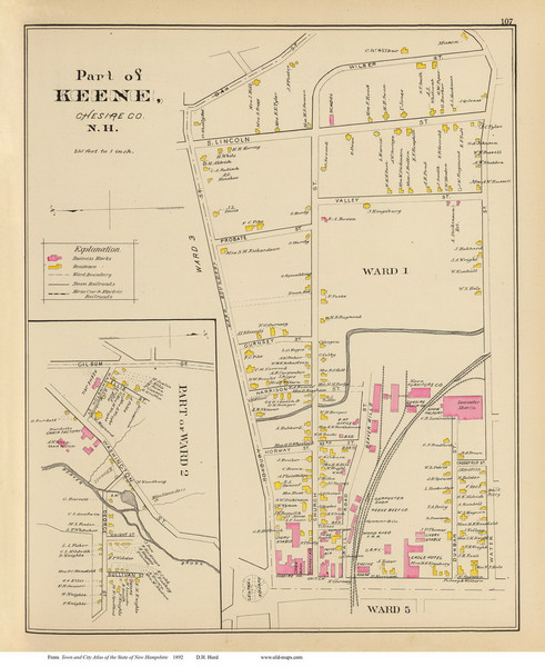 Keene - Ward 1, 2, Part of, New Hampshire 1892 Old Town Map Reprint - Hurd State Atlas Cheshire